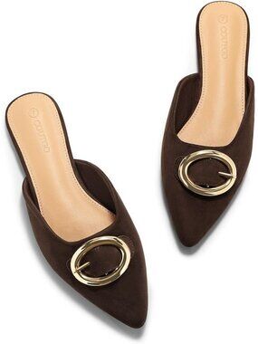 Women's Chocolate Suede Mules Flat Metal Closed Pointed Toe Slip On Slides Shoes